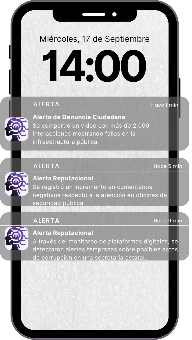 Simulación del panel de alertas en dispositivo móvil
